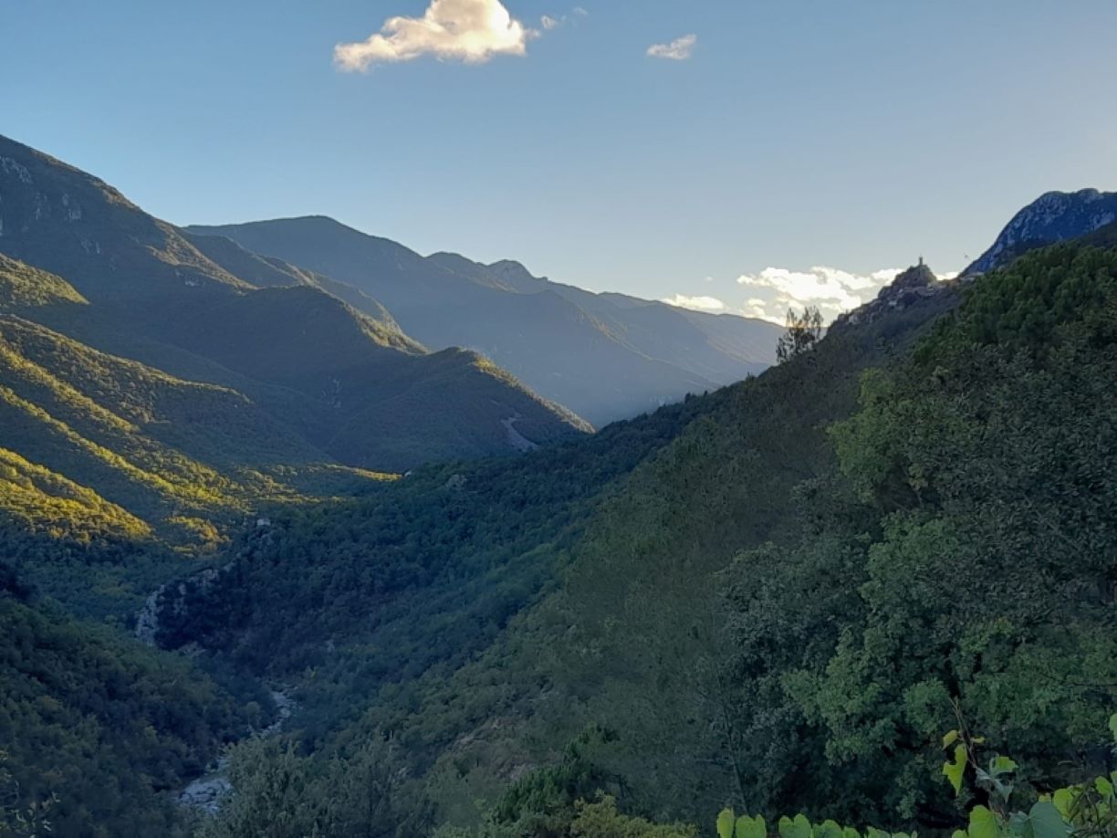 A mountainous landscape with dense greenery and a clear sky.