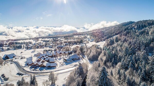 A snow-covered village with wooden buildings clustered together, surrounded by dense forests and mountains in the background.