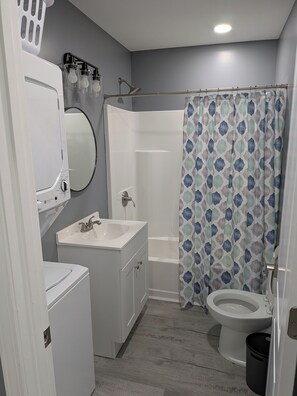 Hair dryer, towels, soap, toilet paper