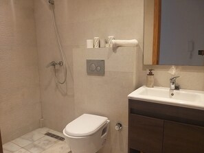 Hair dryer, towels, soap, toilet paper