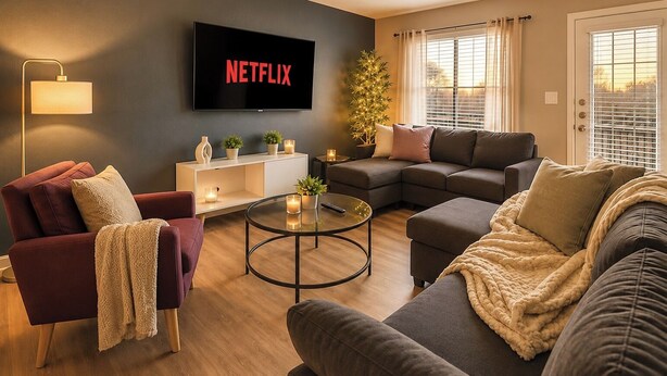 Ein modernes Wohnzimmer mit einem Ecksofa, einem roten Sessel, einem Glastisch, einer weißen Kommode und einem Flachbildfernseher mit dem Netflix-Logo.