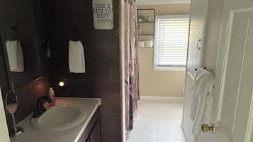 Hair dryer, towels, soap, toilet paper
