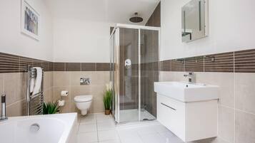 Shower, hair dryer, towels