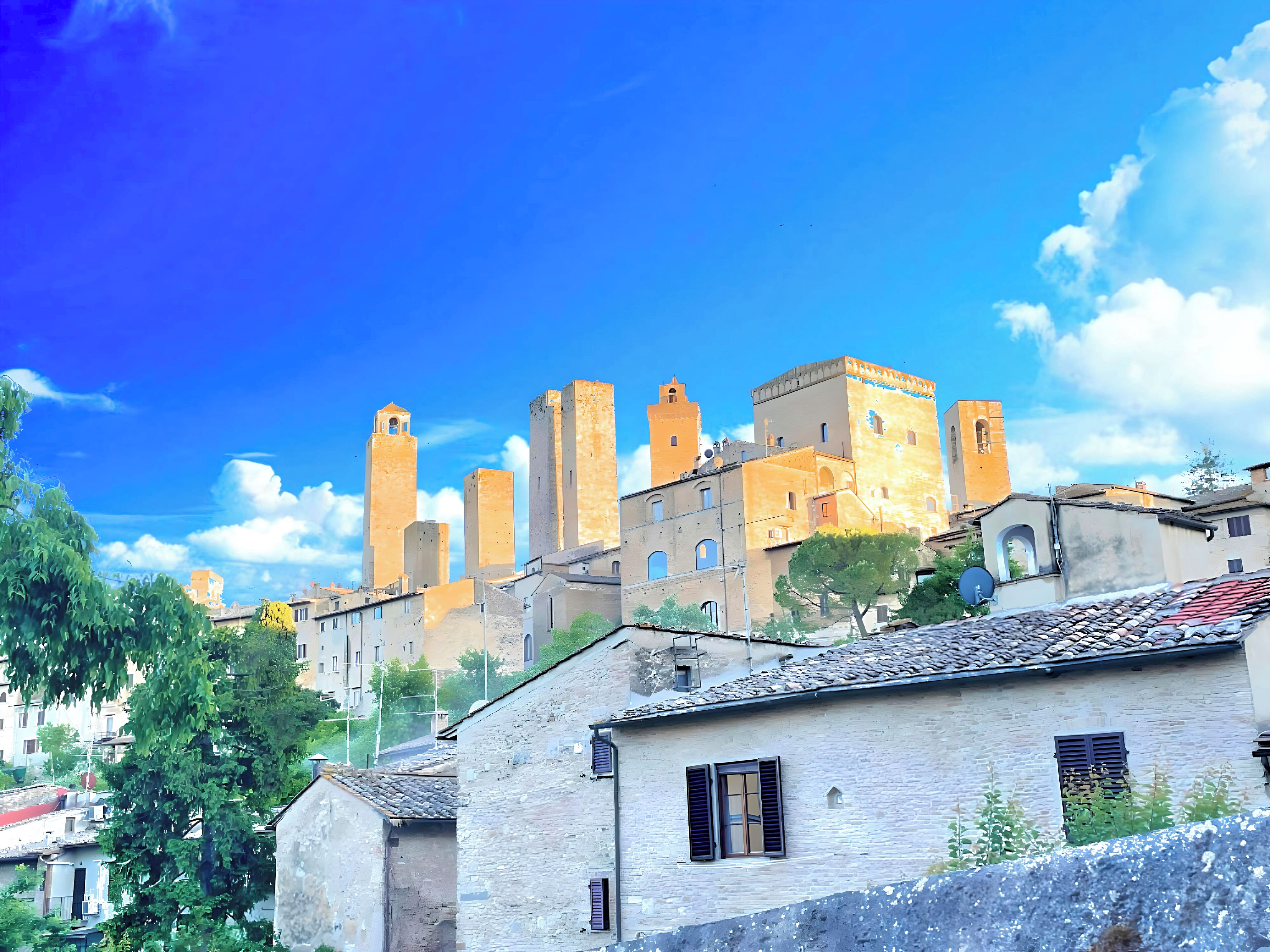 Una città storica con architettura medievale, caratterizzata da torri e mura fortificate.