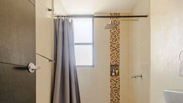 Shower, hair dryer, towels, soap