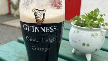 A glass of Guinness beer with a harp logo, placed on a green bench next to a white pot with green plants.