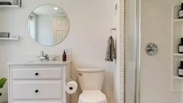 Hair dryer, towels, soap, shampoo