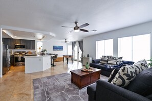 Smart TV, fireplace, foosball, table tennis
