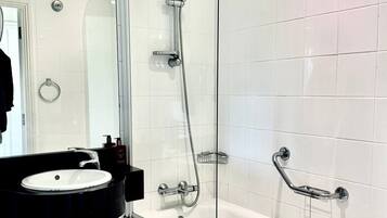 Hair dryer, towels, soap, toilet paper