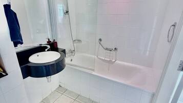 Hair dryer, towels, soap, toilet paper