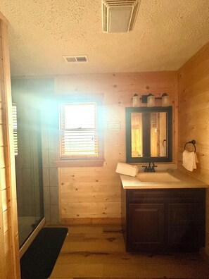 Shower, hair dryer, towels, toilet paper
