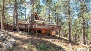Une cabane dotée d’une terrasse, entourée d’arbres.