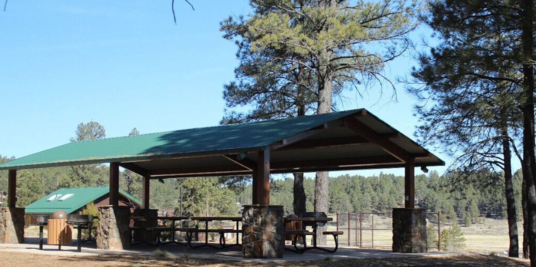 A covered picnic area with benches and a table, surrounded by trees.