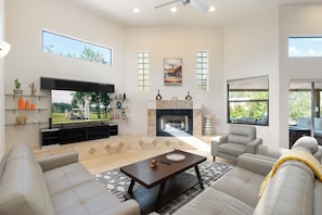 Smart TV, fireplace, foosball