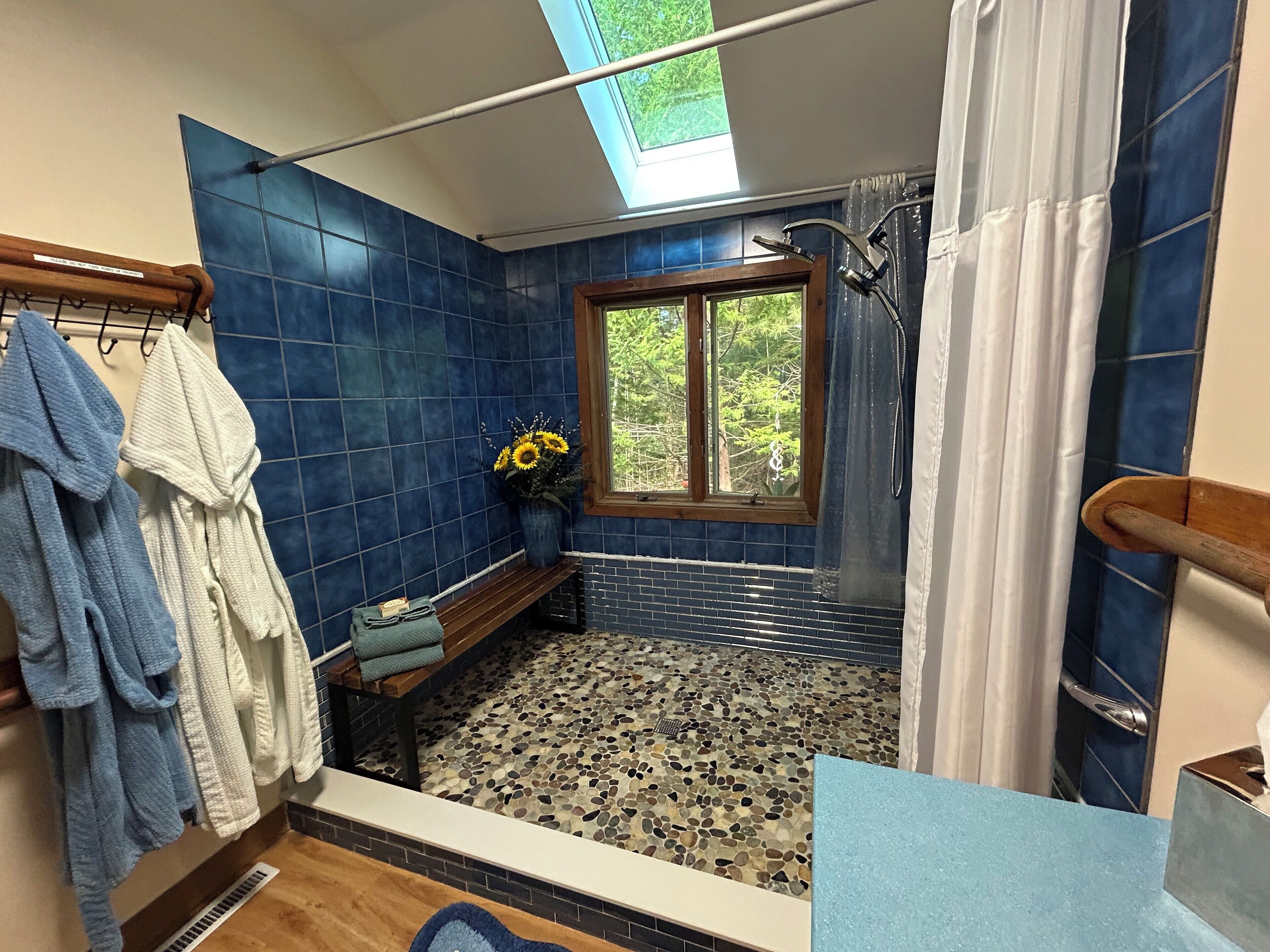 Hair dryer, towels, soap, toilet paper