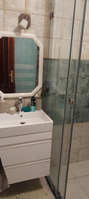 Secador de cabelo, toalhas de banho, sabonete, shampoo