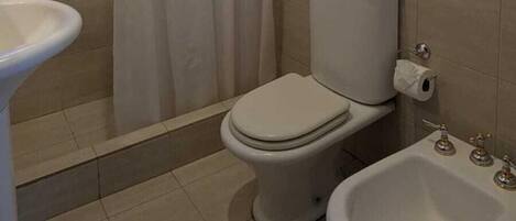 A bathroom with a shower, toilet, bidet, and sink.