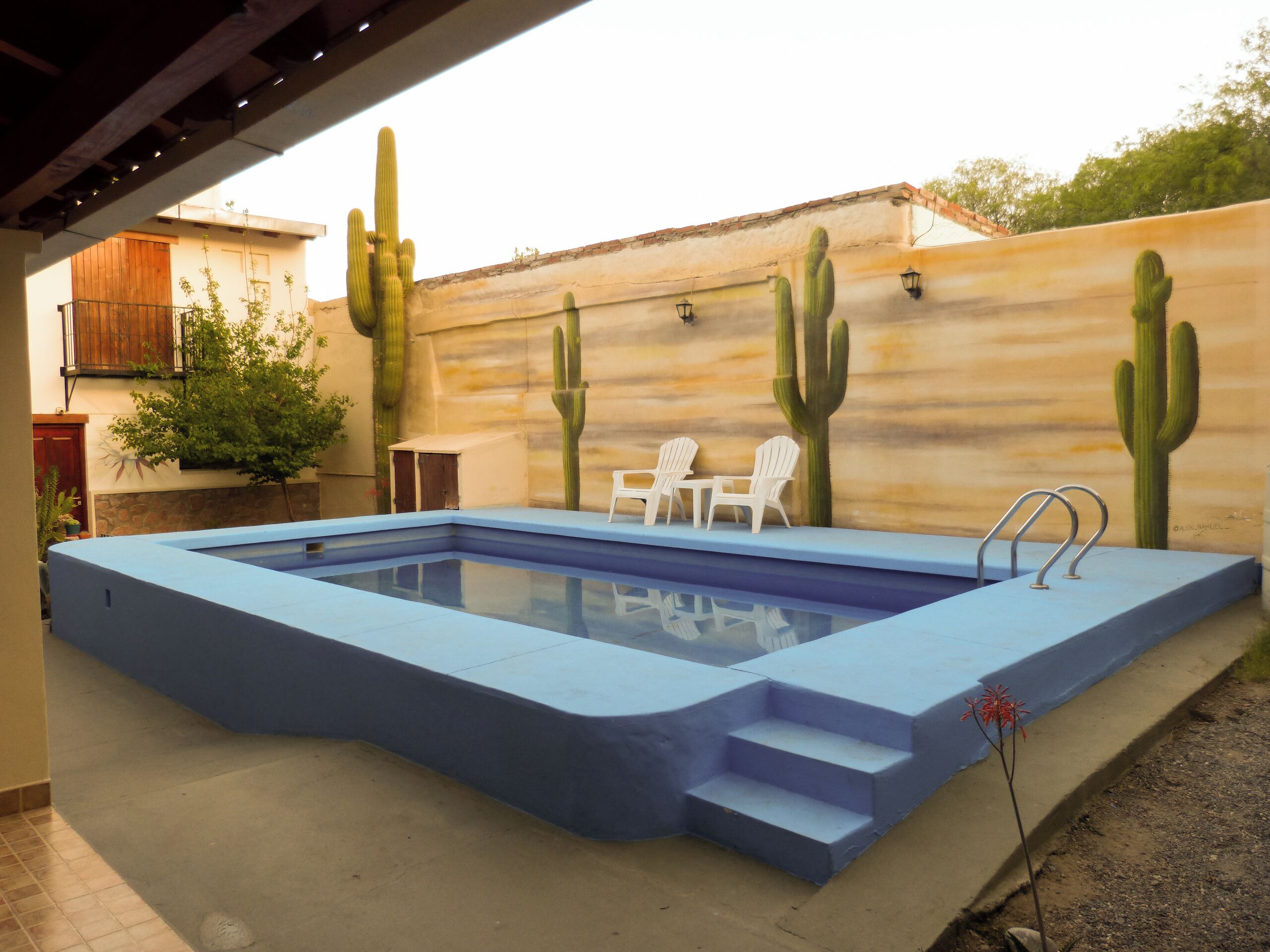 An outdoor swimming pool with a blue border, white chairs, and cacti painted on the wall.