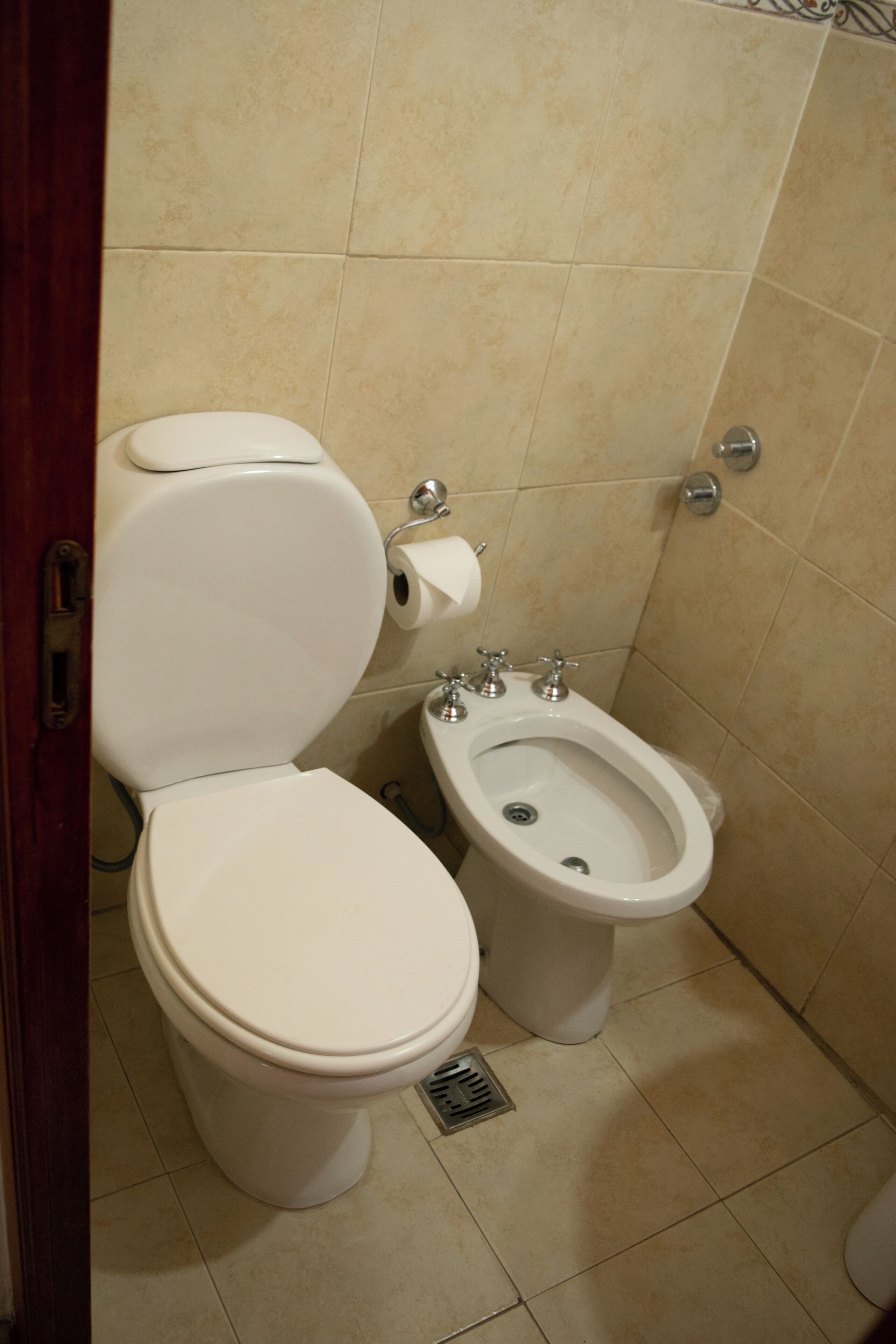 A bathroom with a toilet, bidet, and a shower area.