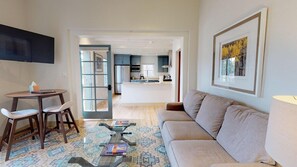 TV, fireplace - Delgado B2 | Historic 1-Bedroom Casita in Downtown Santa Fe (Santa Fe)