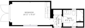 Planta baixa mostrando um quarto com dimensões de 5,05m x 3,00m, um banheiro de 2,54m x 2,13m e um hall de entrada.