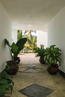 Un pasillo con plantas en macetas y un diseño geométrico en el suelo.