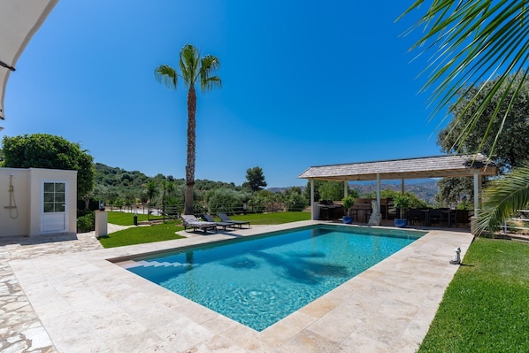 A swimming pool with a pergola, lounge chairs, and a palm tree.