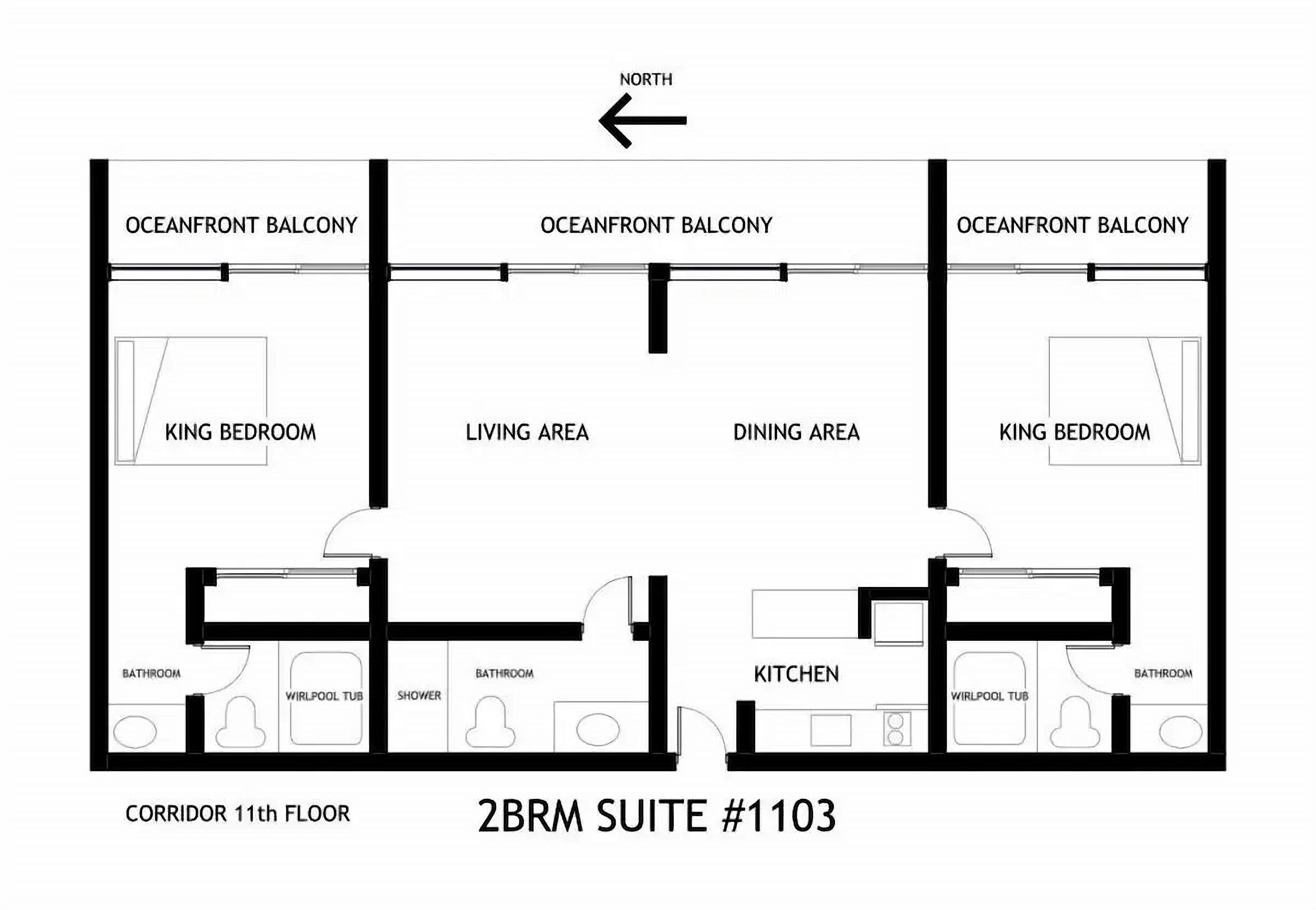 A 2BRM suite layout with king bedrooms, a living area, dining area, and oceanfront balconies.