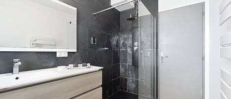 Hair dryer, towels, soap, toilet paper