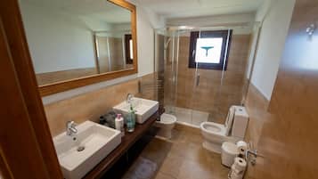 Shower, bidet, towels, toilet paper