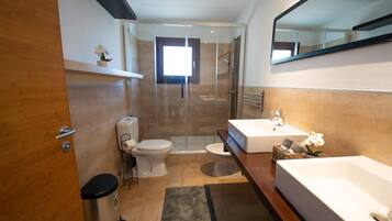 Douche, bidet, serviettes fournies, papier toilette