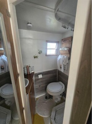 Shower, towels, soap, toilet paper