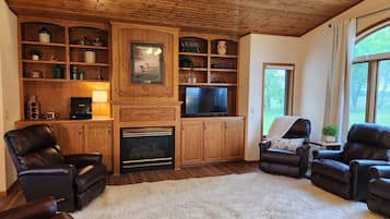 Smart TV, fireplace, DVD player, books