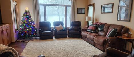 Smart TV, fireplace, DVD player, books