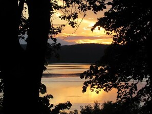 A serene sunset view through tree branches over a calm lake.