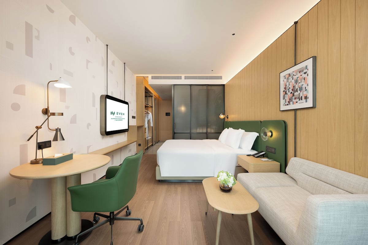 Habitación de hotel con cama, escritorio, una silla verde, un sofá y una mesita con una planta.
