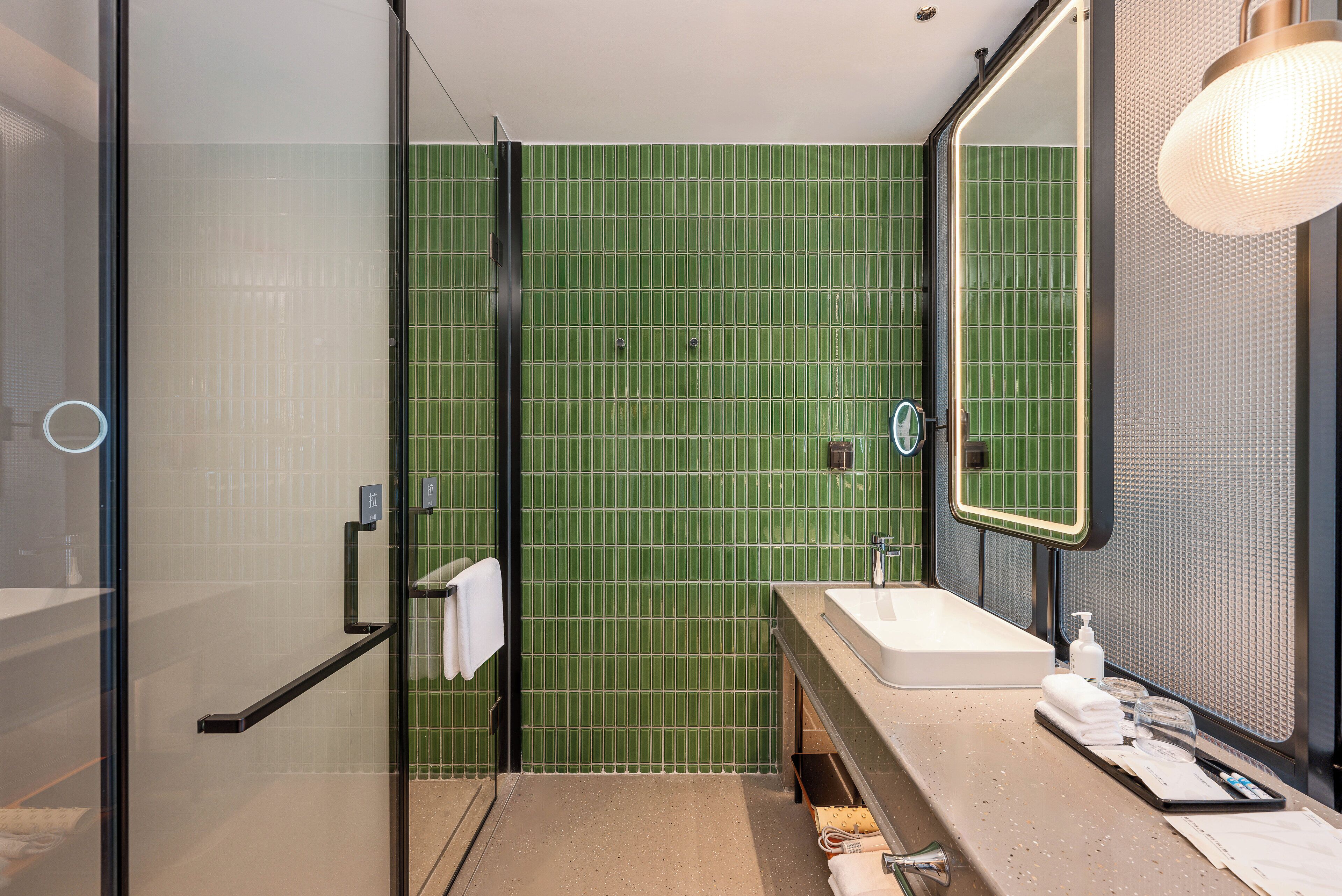 Shower, rainfall showerhead, hair dryer, bathrobes