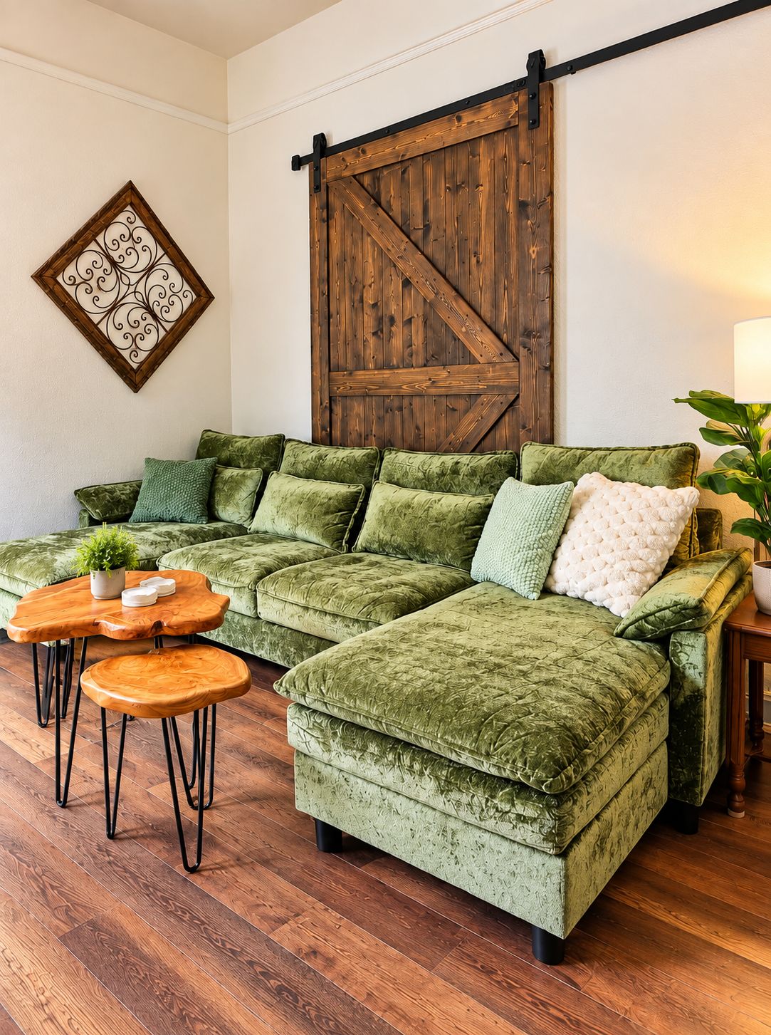 A green sectional sofa with a wooden coffee table and matching ottoman, a decorative wall piece, and a sliding barn door.
