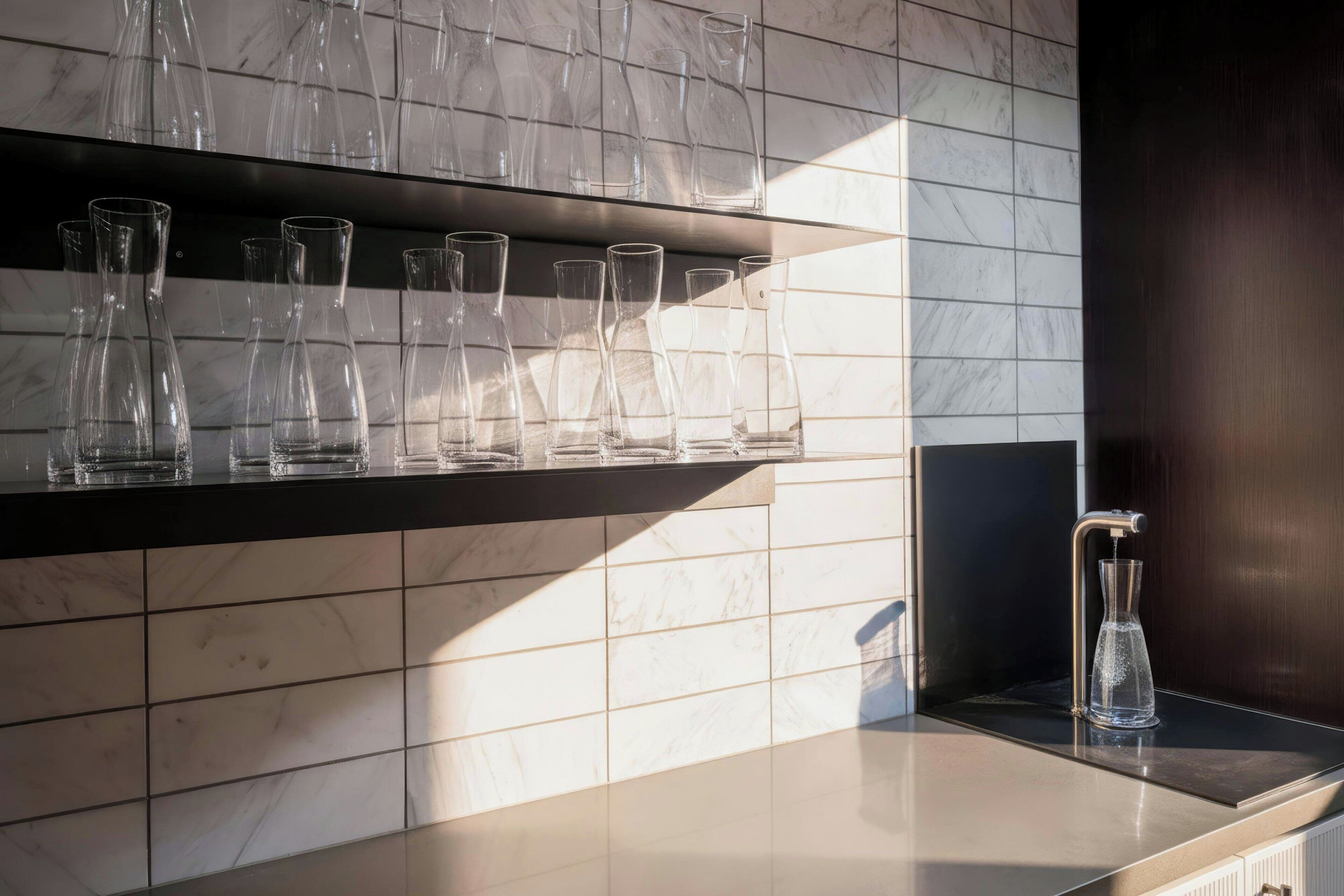 A kitchen with a marble backsplash, a stainless steel countertop, and a water dispenser.
