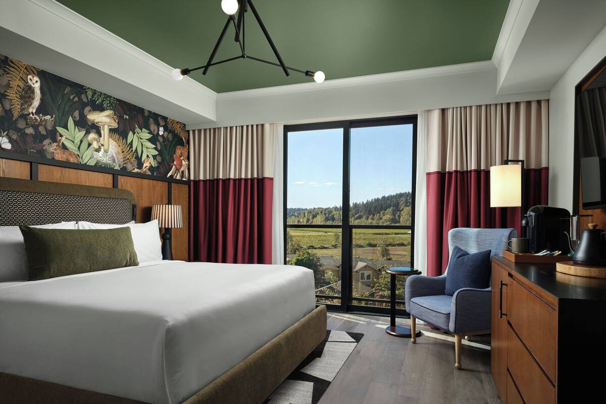 A hotel room with a large bed, a view of the countryside, a desk with a lamp, and a chair.