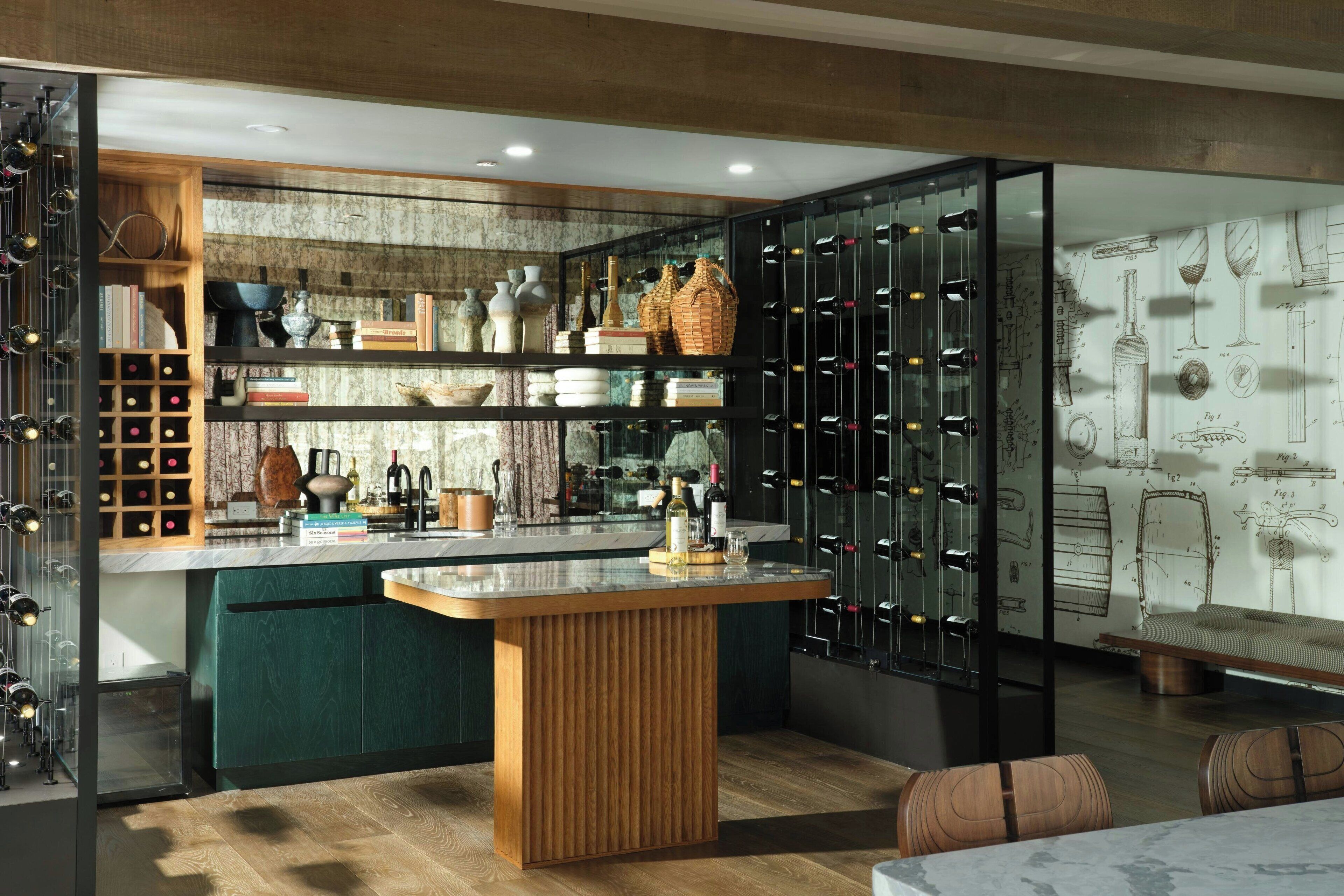 A modern kitchen with a wine rack, wooden shelves, and a central island.