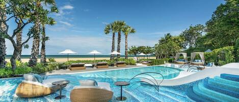 3 utomhuspooler, öppet 06.00 till 20.00, parasoller och solstolar