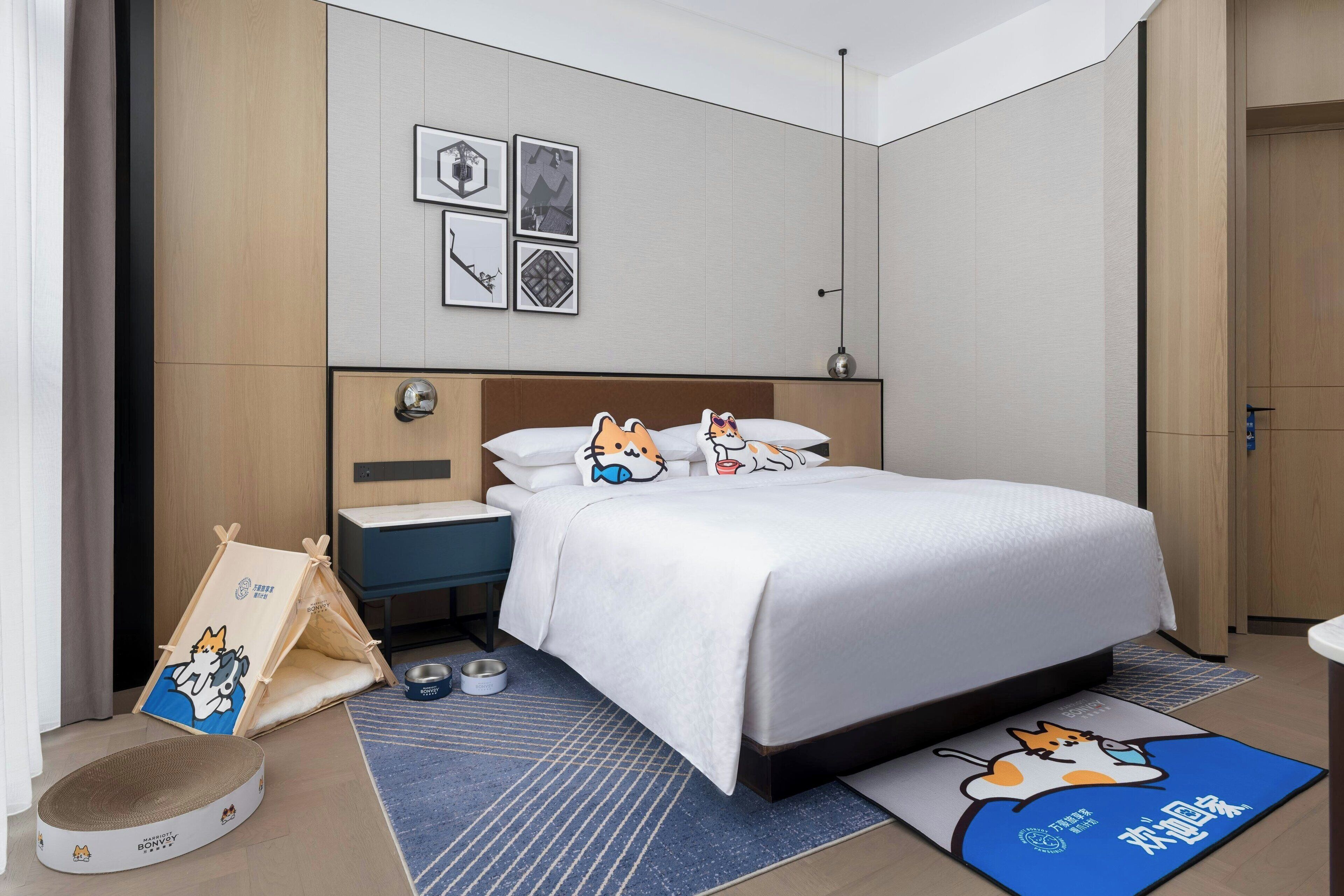 A modern hotel room with a neatly made bed, a small bedside table, a nightstand, a pet bed, and a pet bowl.