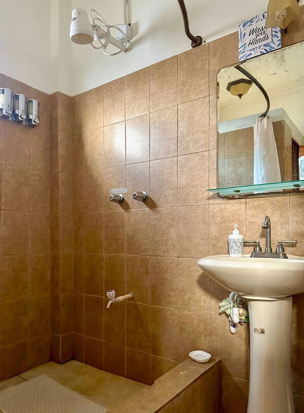 A bathroom with a shower, a sink, and a mirror.
