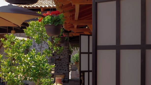 Un corredor tradicional al estilo japonés, con vigas de madera, plantas en macetas y suelo de baldosas.