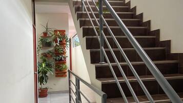 Una escalera con barandillas metálicas y escalones marrones, que conduce a una plataforma con plantas en macetas.
