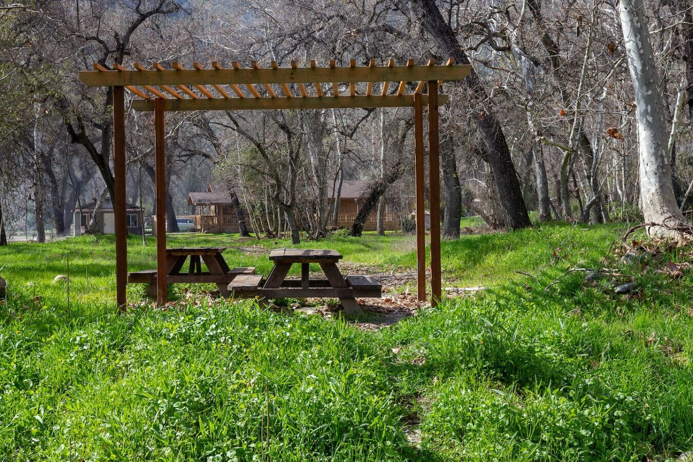 A wooden pergola with picnic tables in a park with trees and cabins in the background.