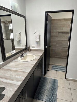 Shower, towels, soap, toilet paper