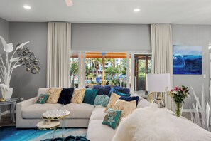 Smart TV, fireplace, books