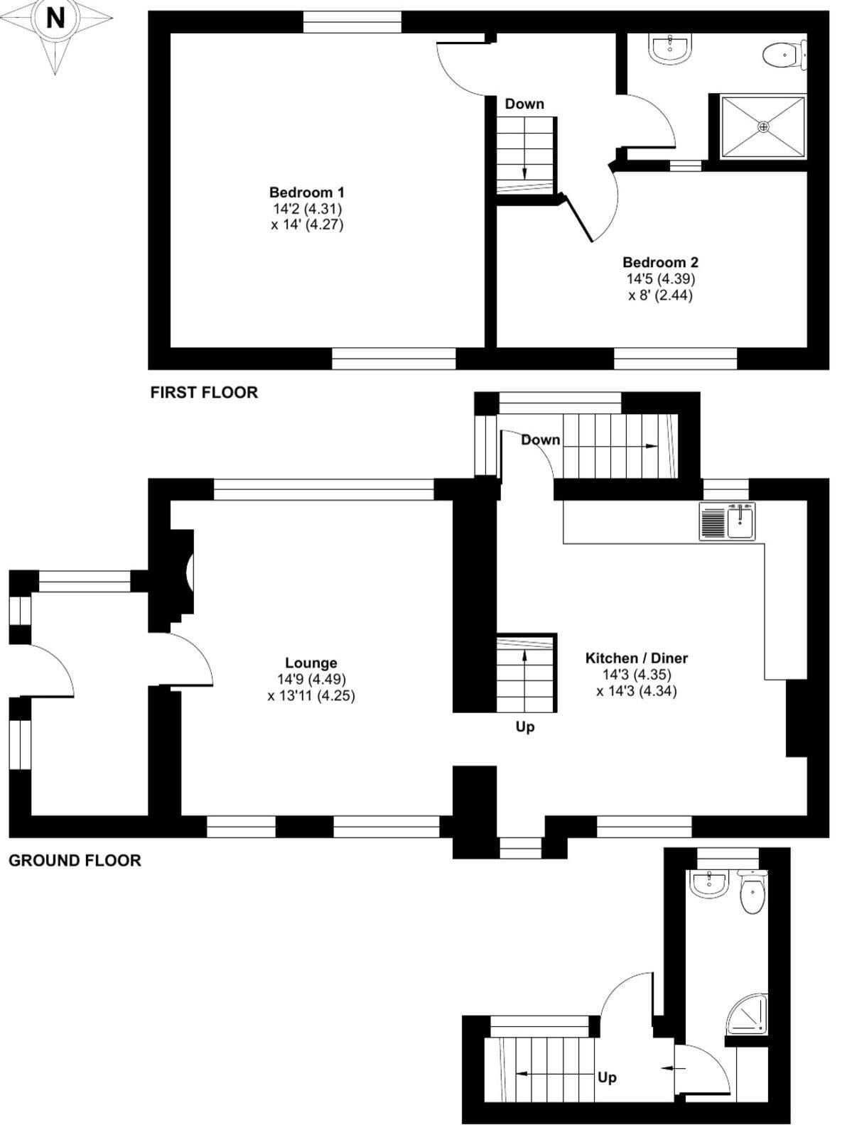 A floor plan with two bedrooms, a lounge, and a kitchen on the first floor, and a bathroom on the ground floor.